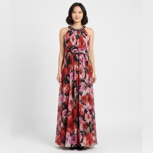 Floral Halter Maxi Dress | Petite 4P | Sleeveless Beaded Neck
